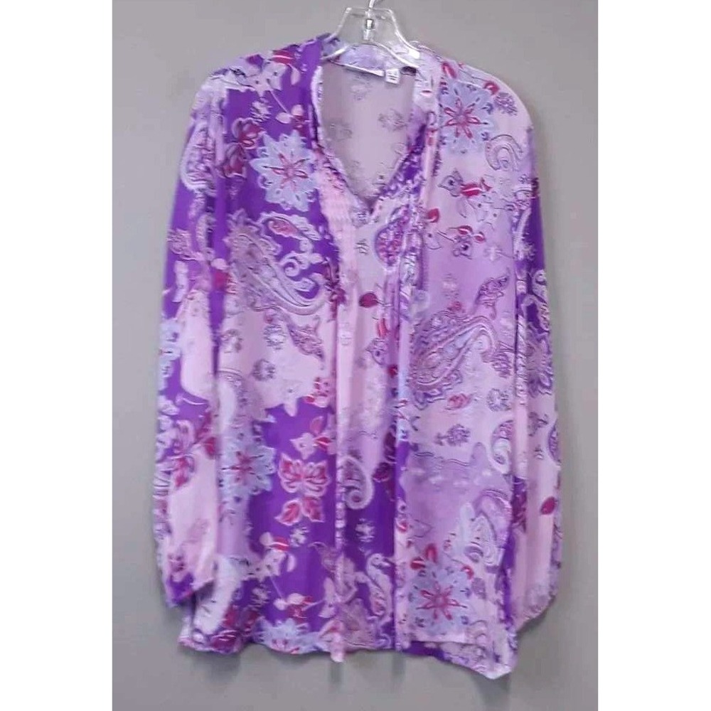 Susan Graver Blouse Top Womens Large Purple Paisley Long Sleeve BOHO